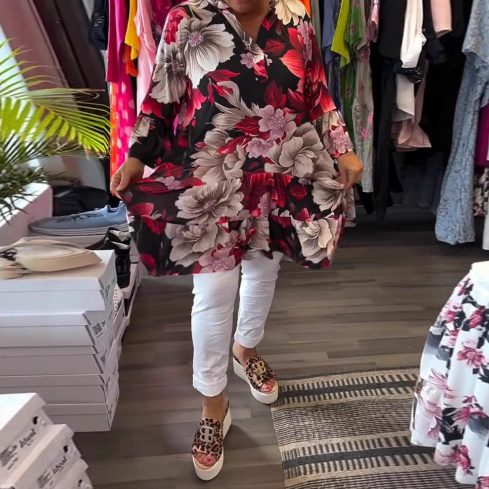 Women's Floral Print Stand Collar Long Sleeve Loose Casual Midi Dress