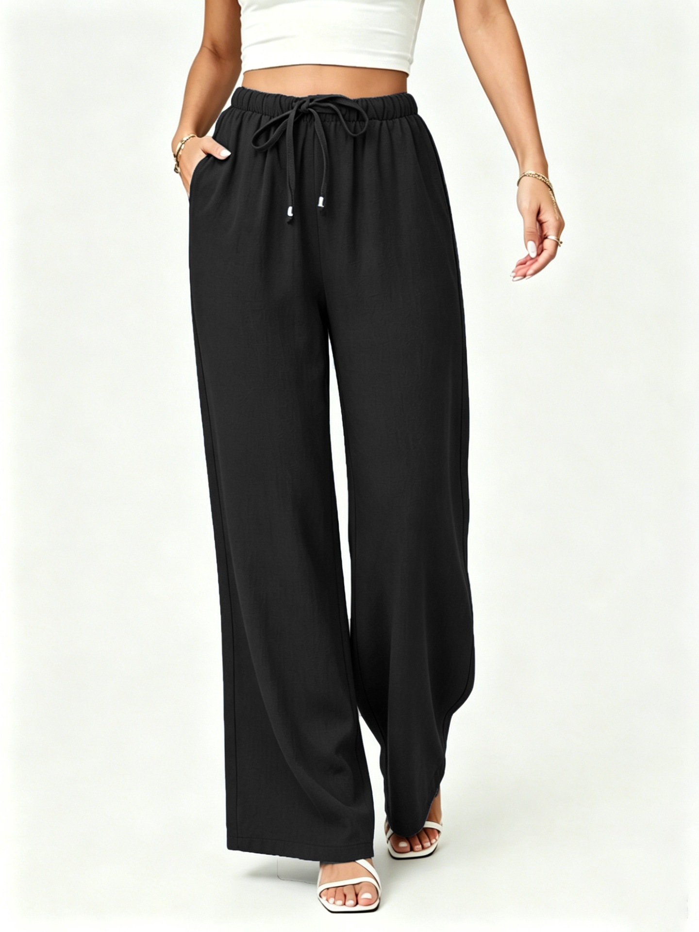 Women's Linen-Blend Drawstring High-Waist Wide-Leg Pants