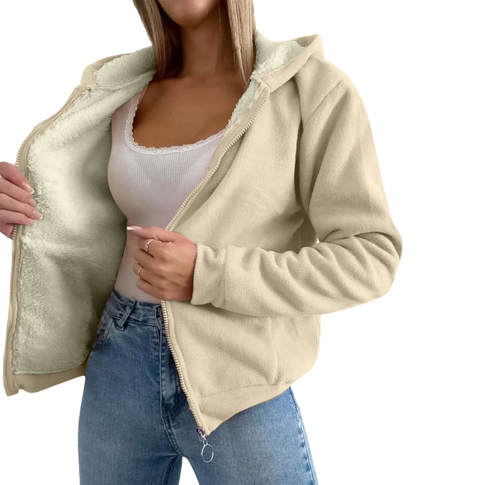 Women's Fleece-Lined Faux Shearling Hooded Zip Jacket