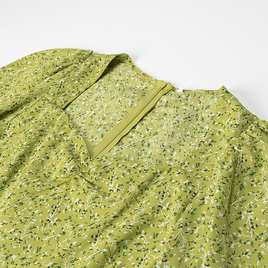 Green Floral Print Puff Sleeve Midi Dress