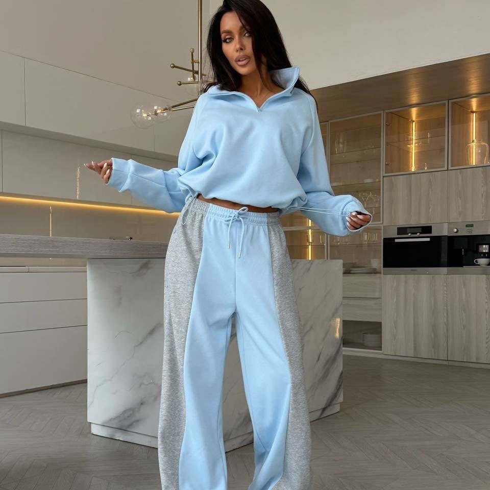 Women's Color-Block Long-Sleeve Half-Button Pant Set