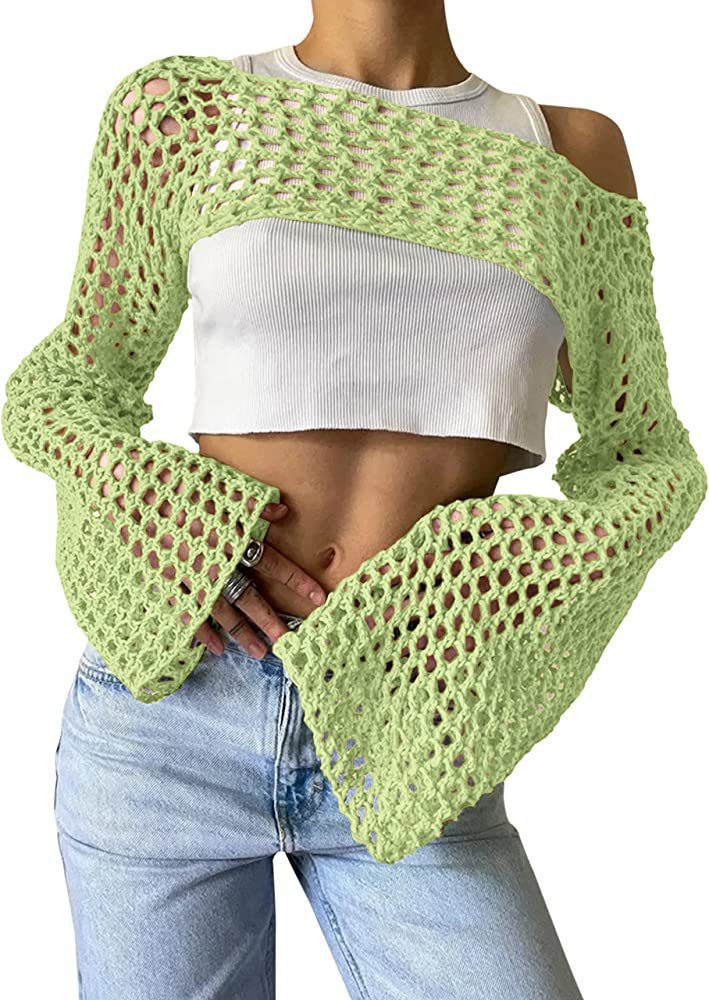Women's Crochet Mesh Crop Top with Bell Sleeves