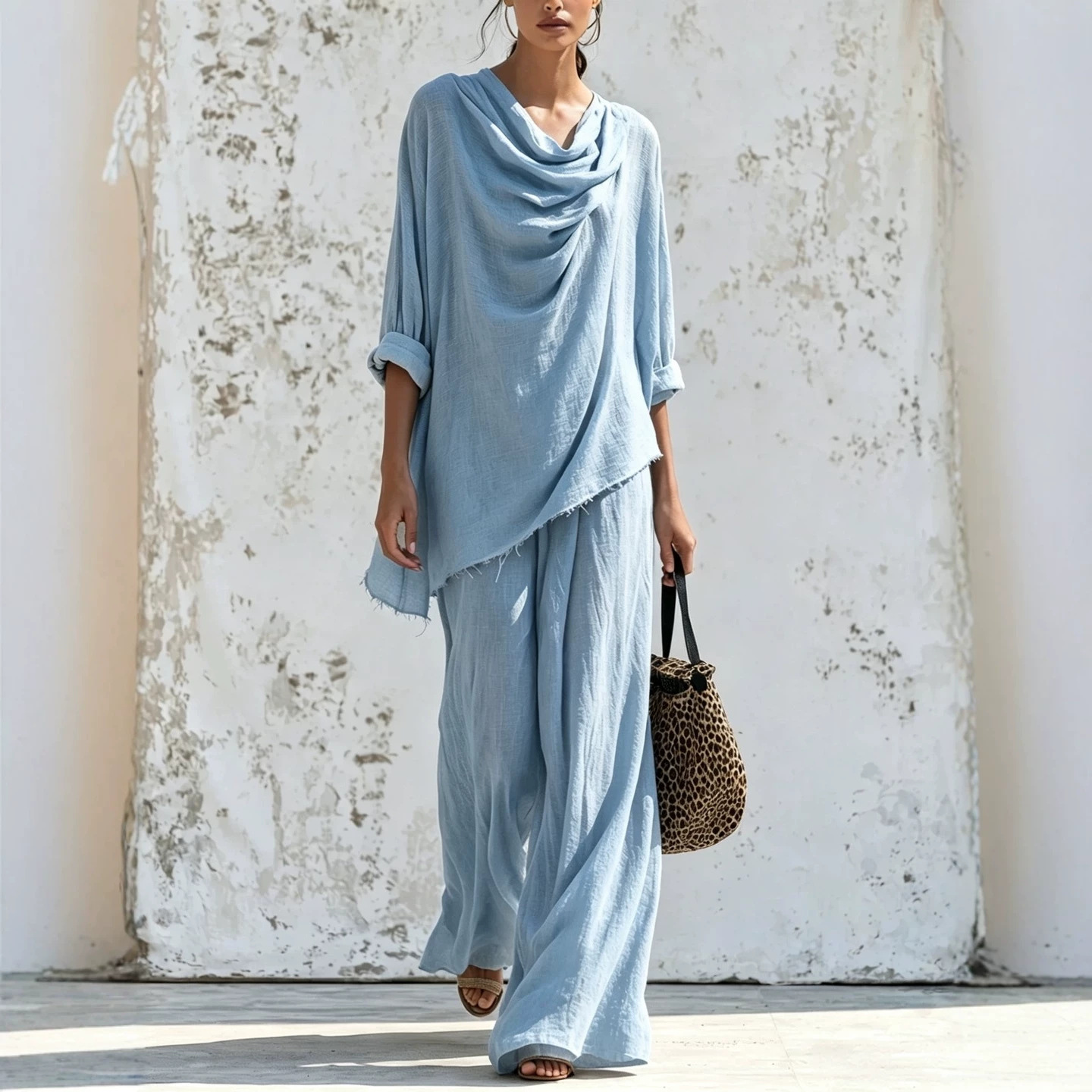 Women's Long Sleeve Frayed Trim Top & Wide Leg Pants Casual Set
