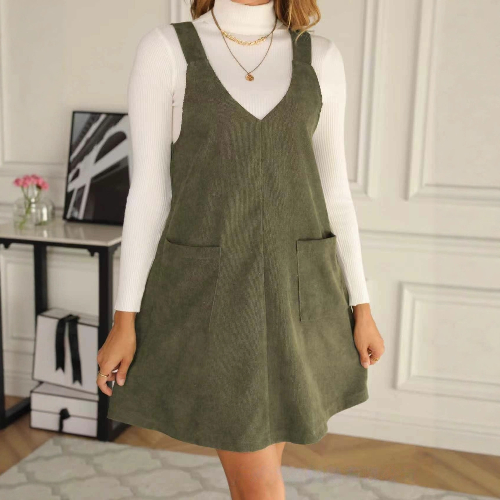Corduroy V-Neck Pinafore Dress with Pockets