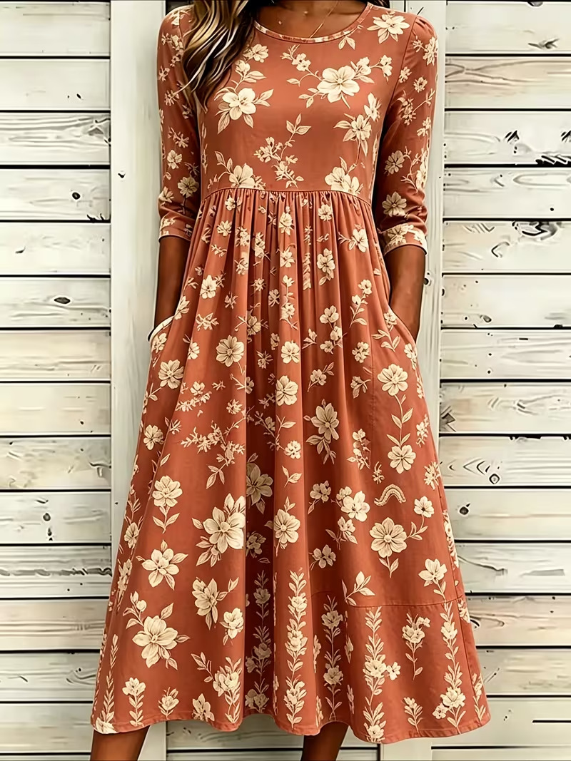Women's Fresh Floral Print Ruched Midi Dress