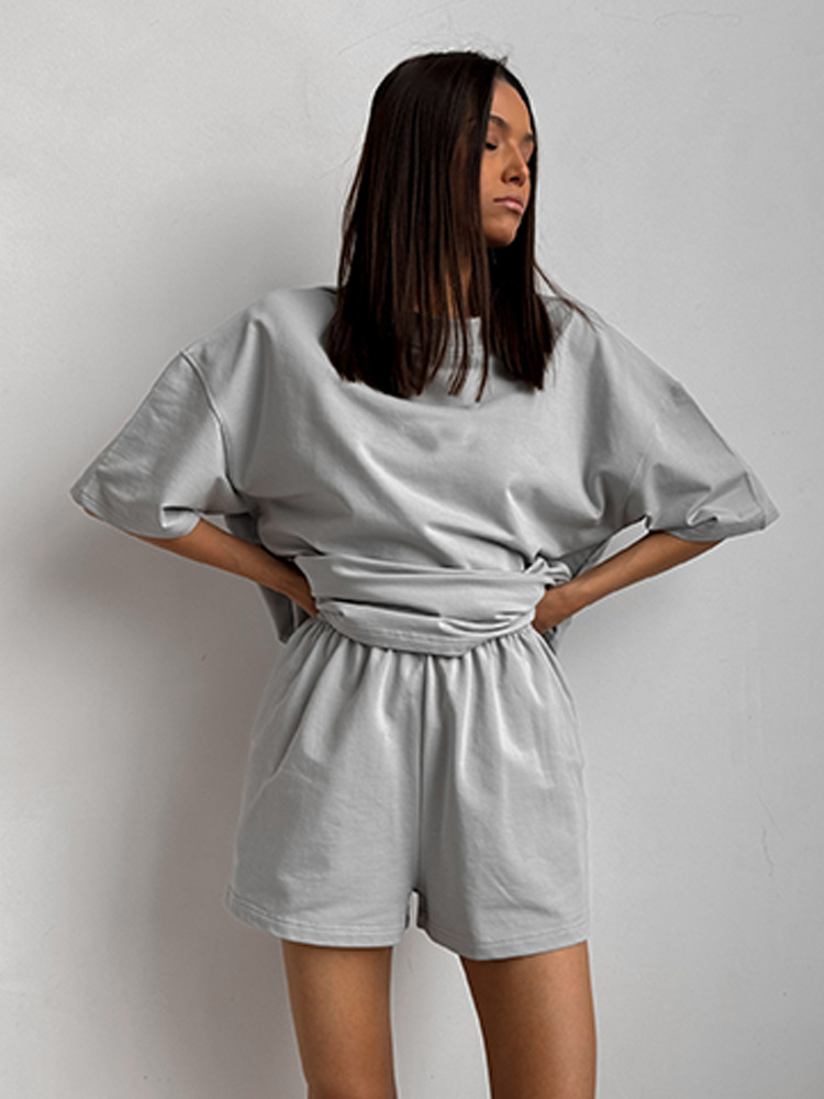 Women's Casual Two-Piece Shorts Set with Short Sleeve Round Neck Top and Solid Color Shorts