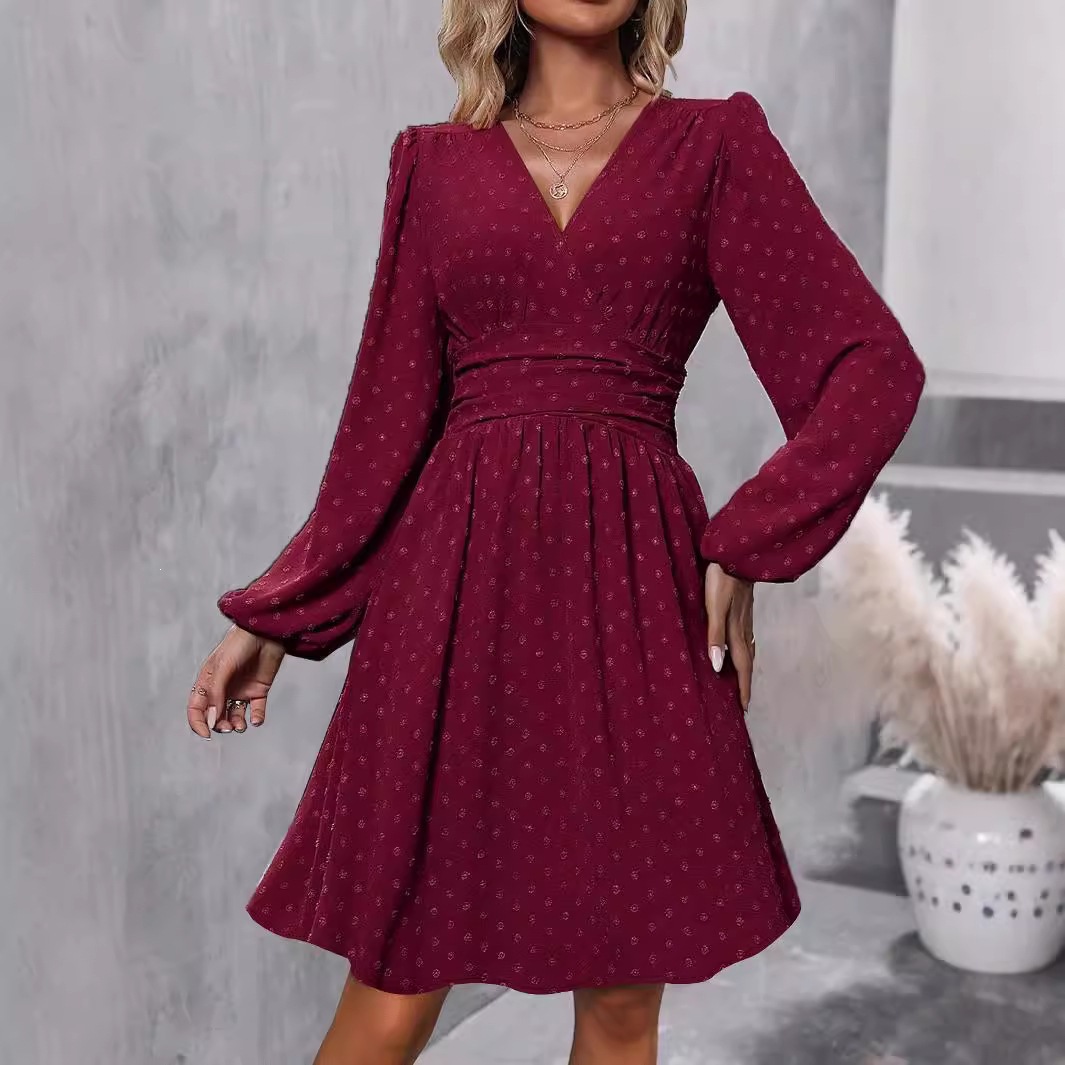 Women's Jacquard V-Neck Lantern Sleeve Smocked Dress