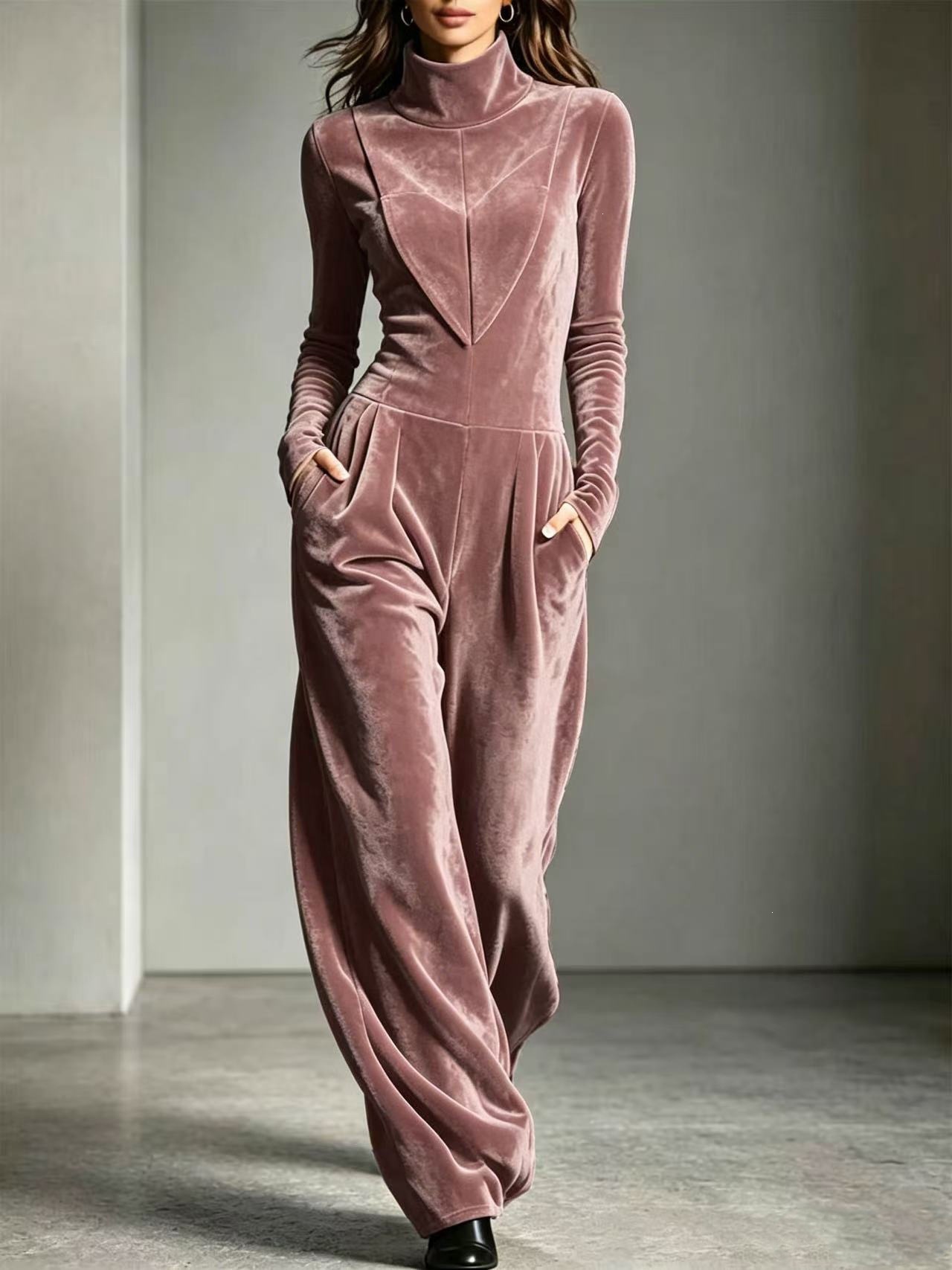 Women's Turtleneck Solid Color Korean Velvet Long Sleeve Jumpsuit