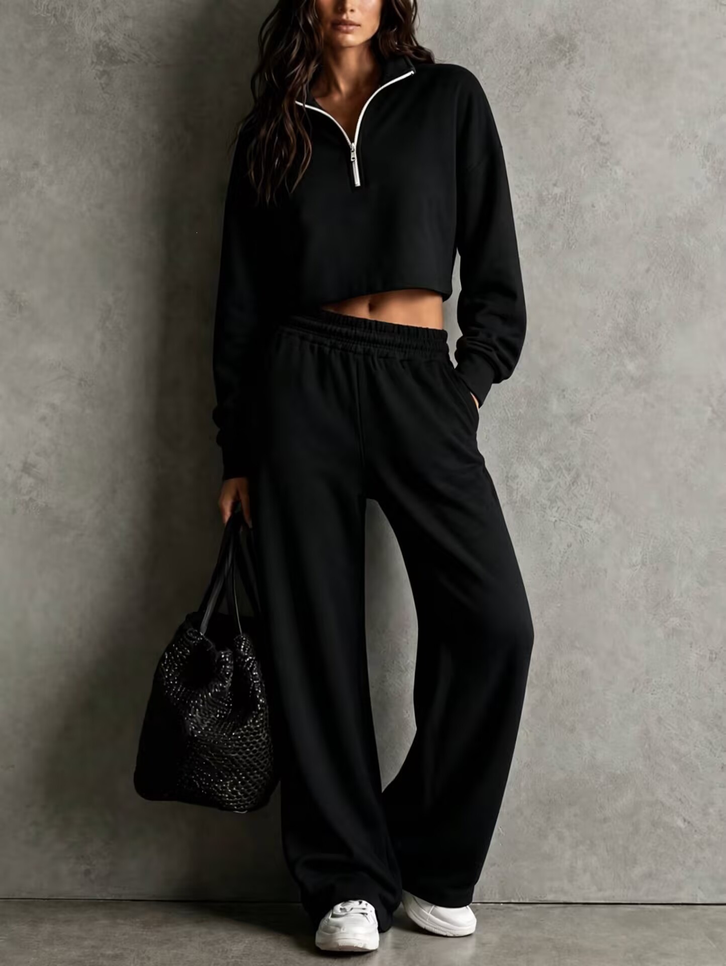 2026 Women's Fall/Winter New Half-Zip Loose Top Wide-Leg Pants Set Casual Sporty Two-Piece