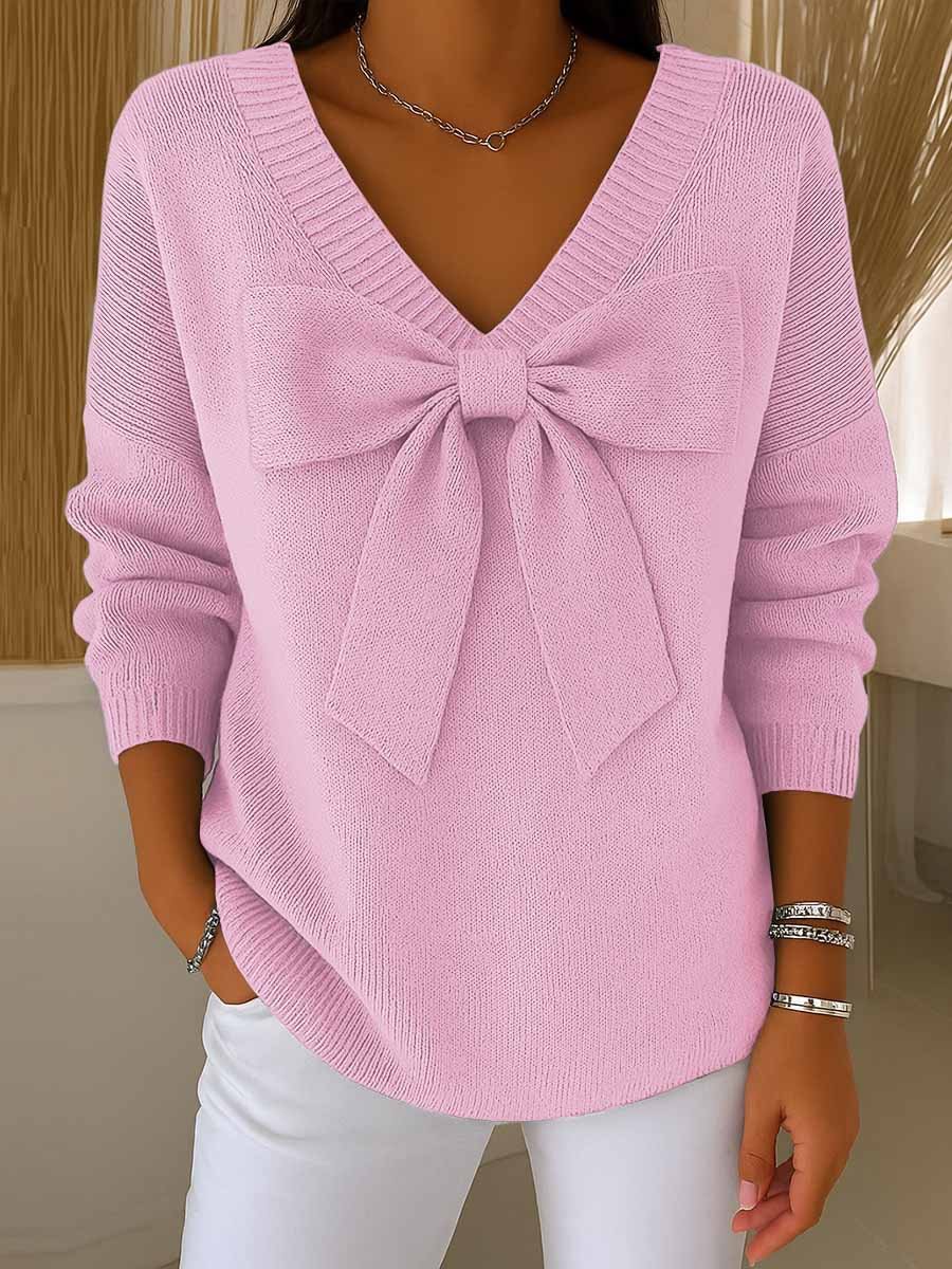 Bow Detail Solid V-Neck Pullover Sweater