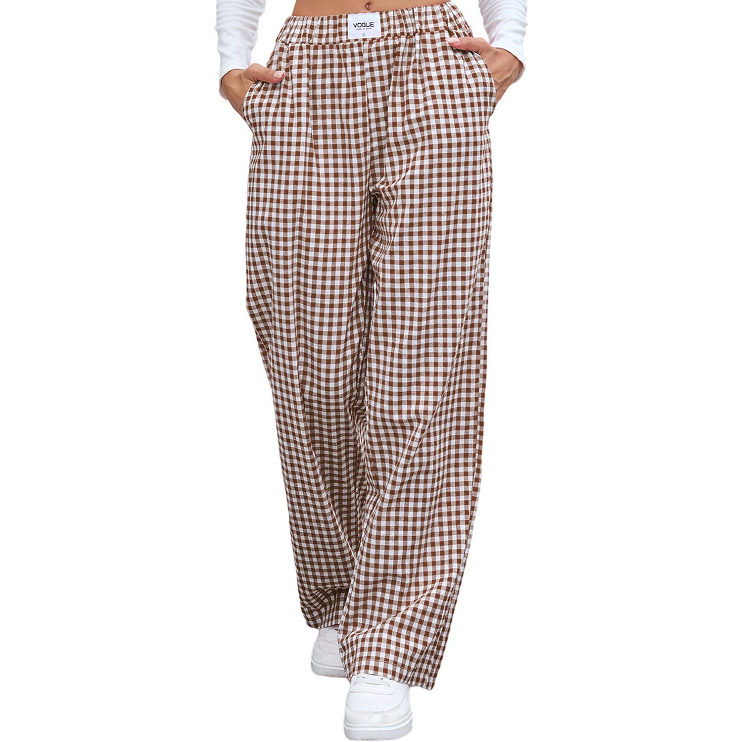 Women's Plaid Cotton-Blend Wide-Leg Lounge Pants with Pockets