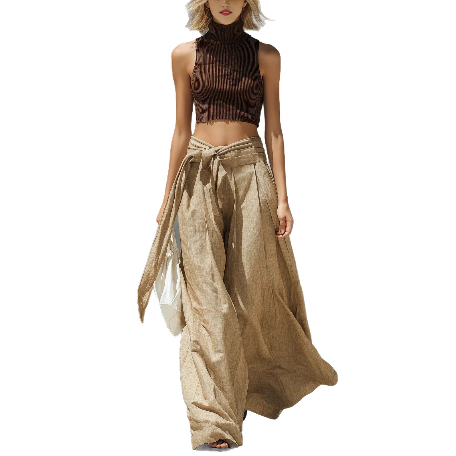 Solid Knit Sleeveless High Neck Top and Wide Leg Pants Set