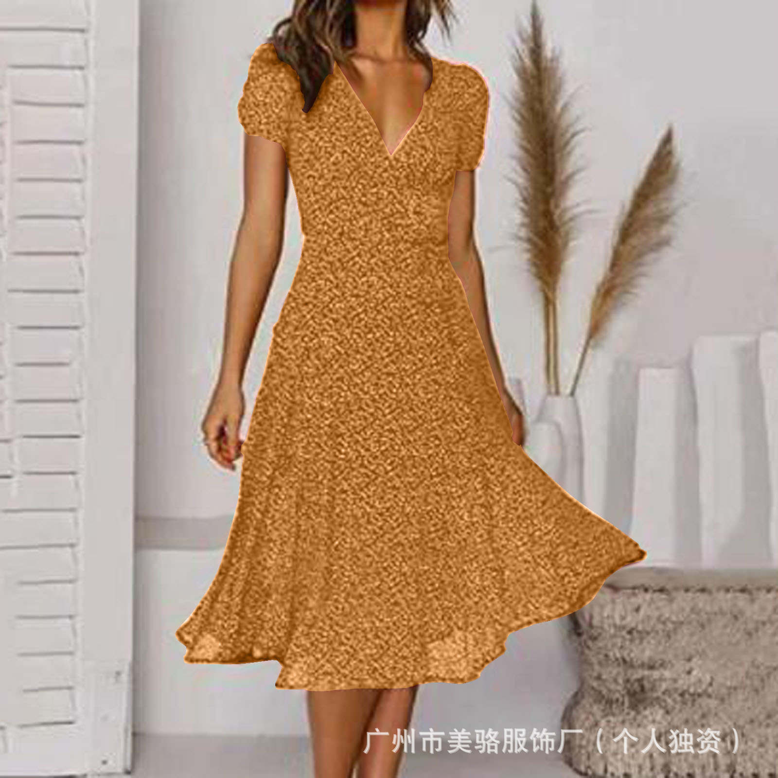 Women's Short Sleeve V-Neck Polka Dot Print Midi Dress
