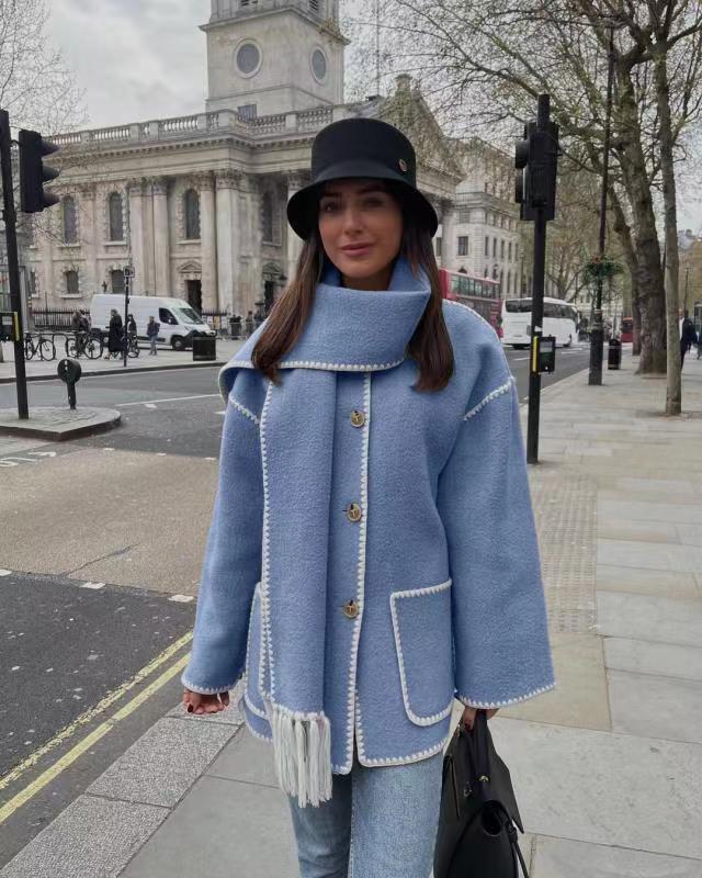 Women's Fringe Wool-Blend Coat with Scarf, Loose Fit