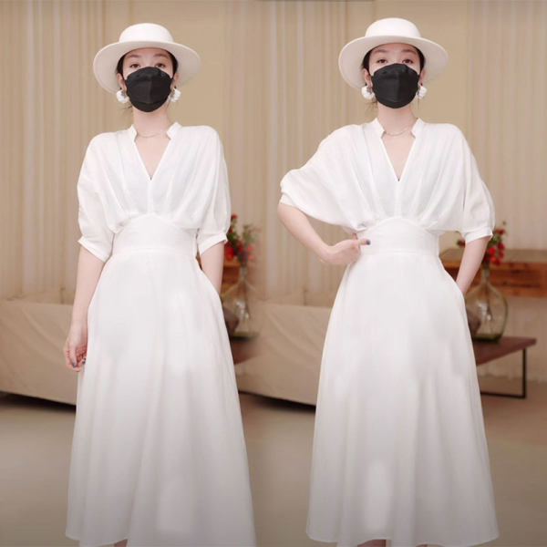 Women's French Style White Shirt Dress with Cinched Waist