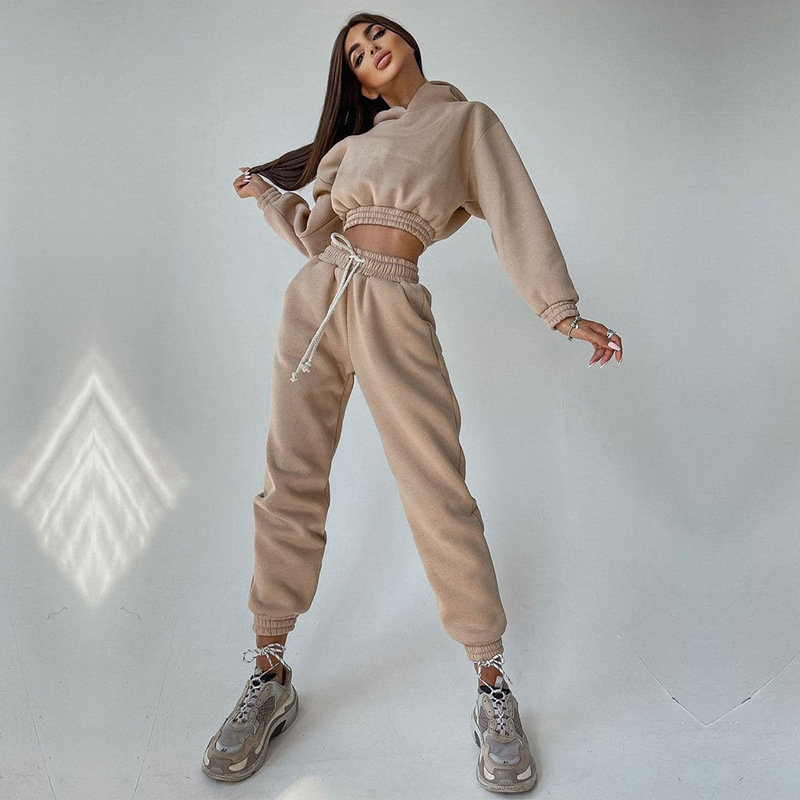 Women's Long Sleeve Hooded Crop Hoodie and Lace-Up Sweatpants Set
