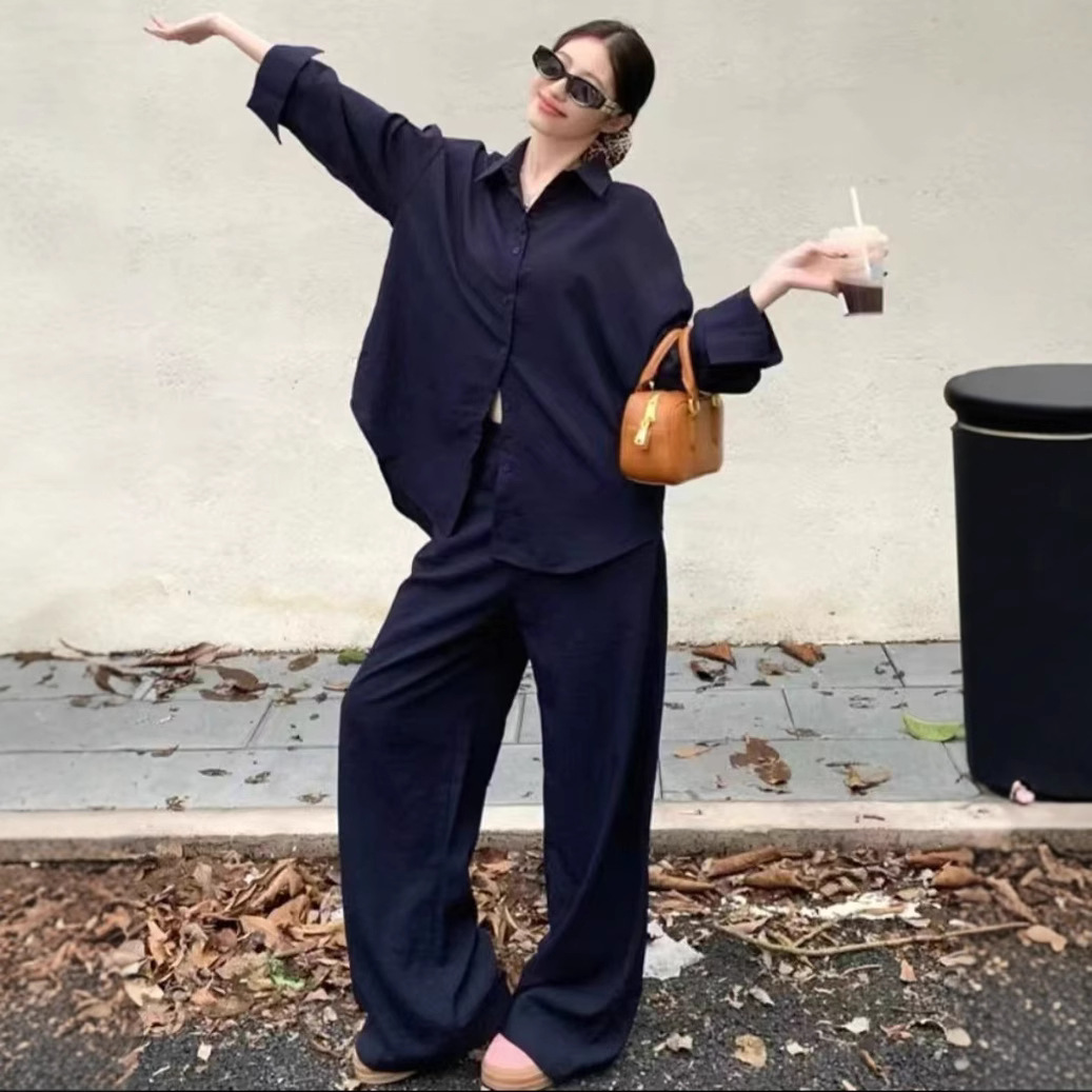 Women's Black Shirt & Wide-Leg Pants Set Casual Two-Piece