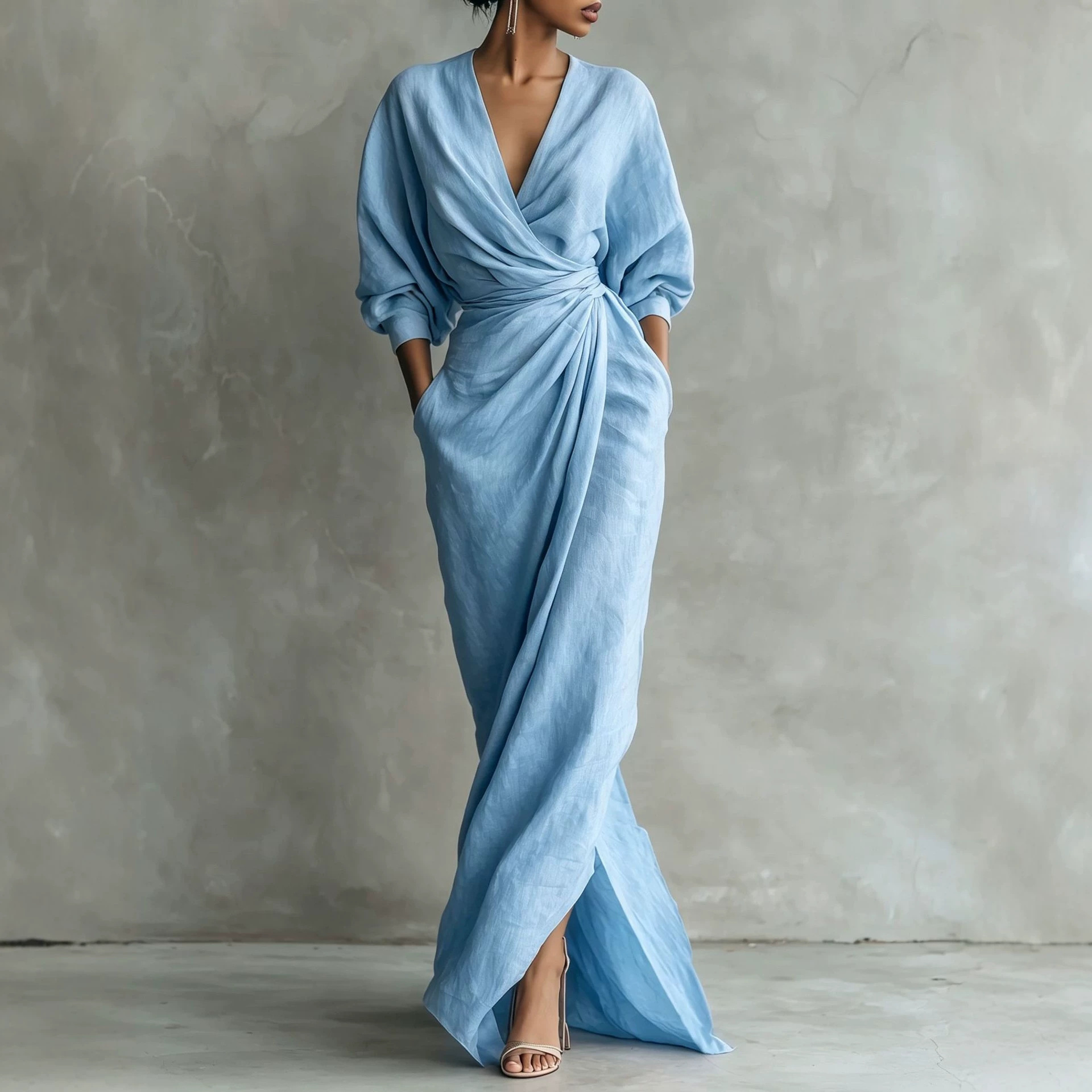 V-Neck Solid Linen-Blend Loose A-Line Midi Dress