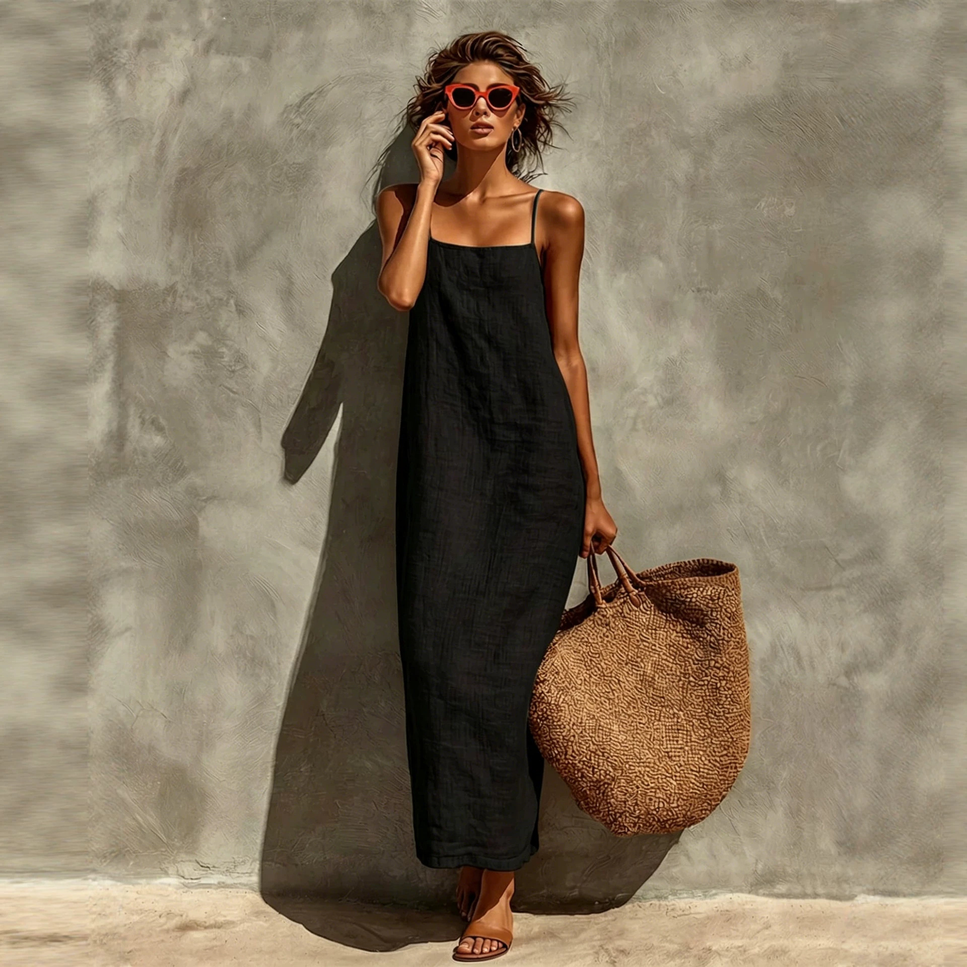 Adjustable Strap Square Neck Boho Vacation Dress
