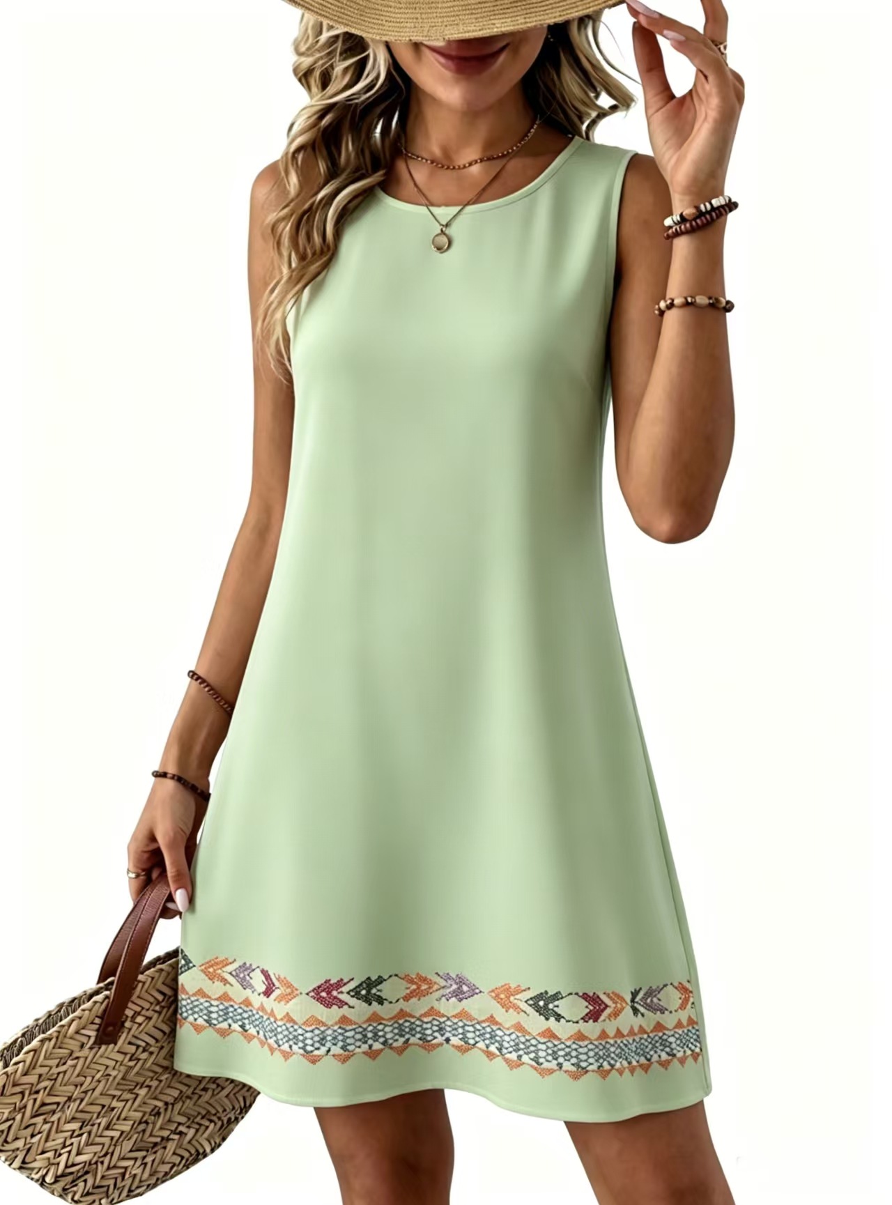 Women's Summer Round Neck Placement Print Linen-Texture Sleeveless Dress
