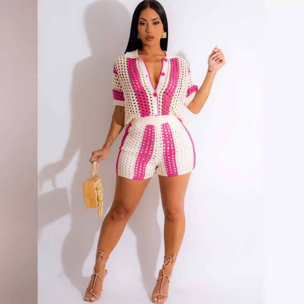 Women's Sexy Hollow-Out Sheer Lapel Knit Shorts Set