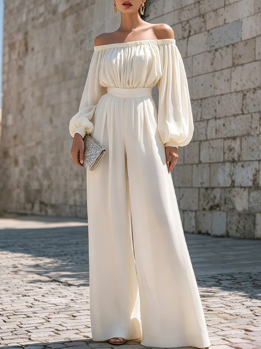 French Off-Shoulder Puff-Sleeve Wide-Leg Jumpsuit with Waist