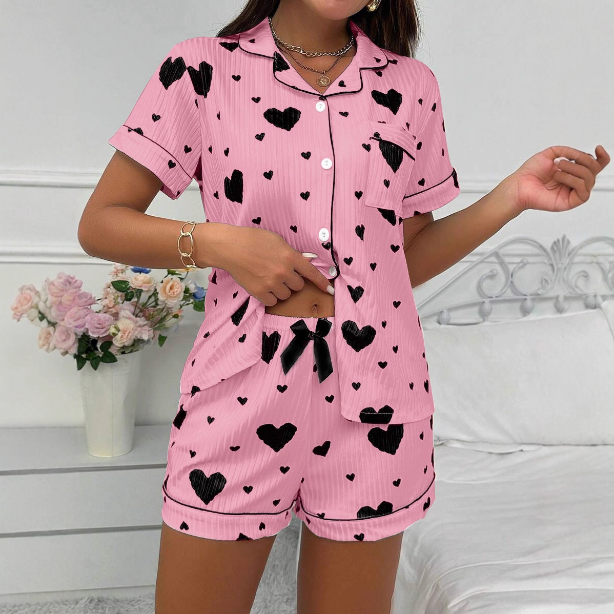 Cuban Collar Heart Bow Print Short Sleeve Women's Casual Two-Piece Set