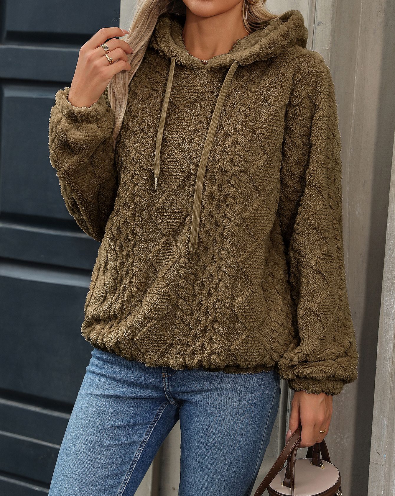 Women's Fuzzy Jacquard Hooded Pullover Sweatshirt