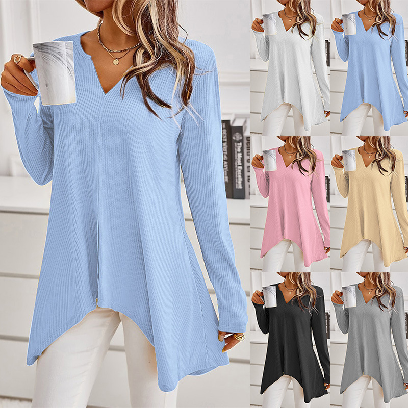 Women's V-Neck Knit Sweater Long Sleeve Loose Fit Solid Color