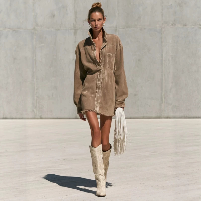 Camel Denim Frayed Long-Sleeve Mini Dress