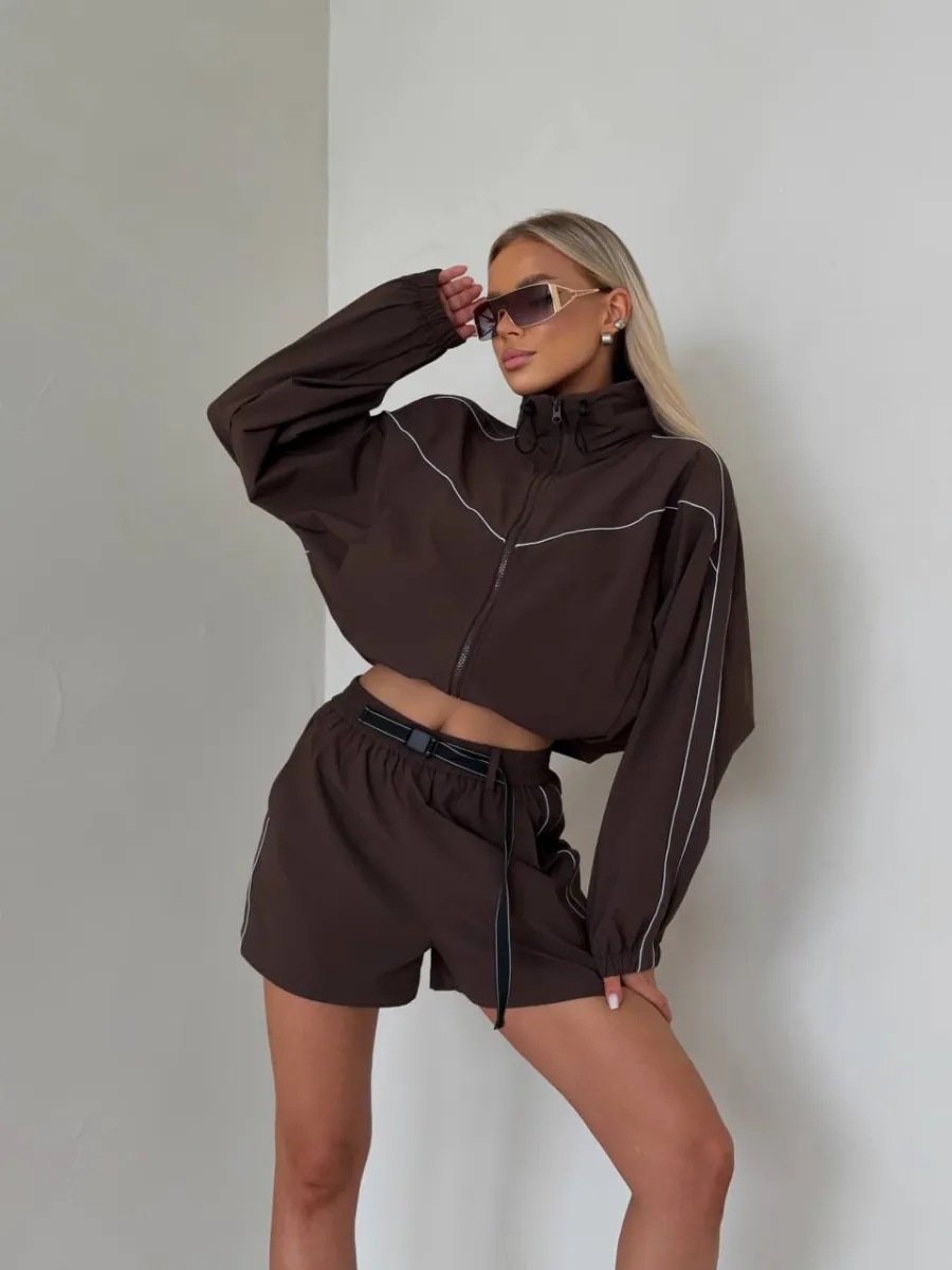 Women's Solid Color Zip-Up Cardigan and Elastic Shorts Two-Piece Set