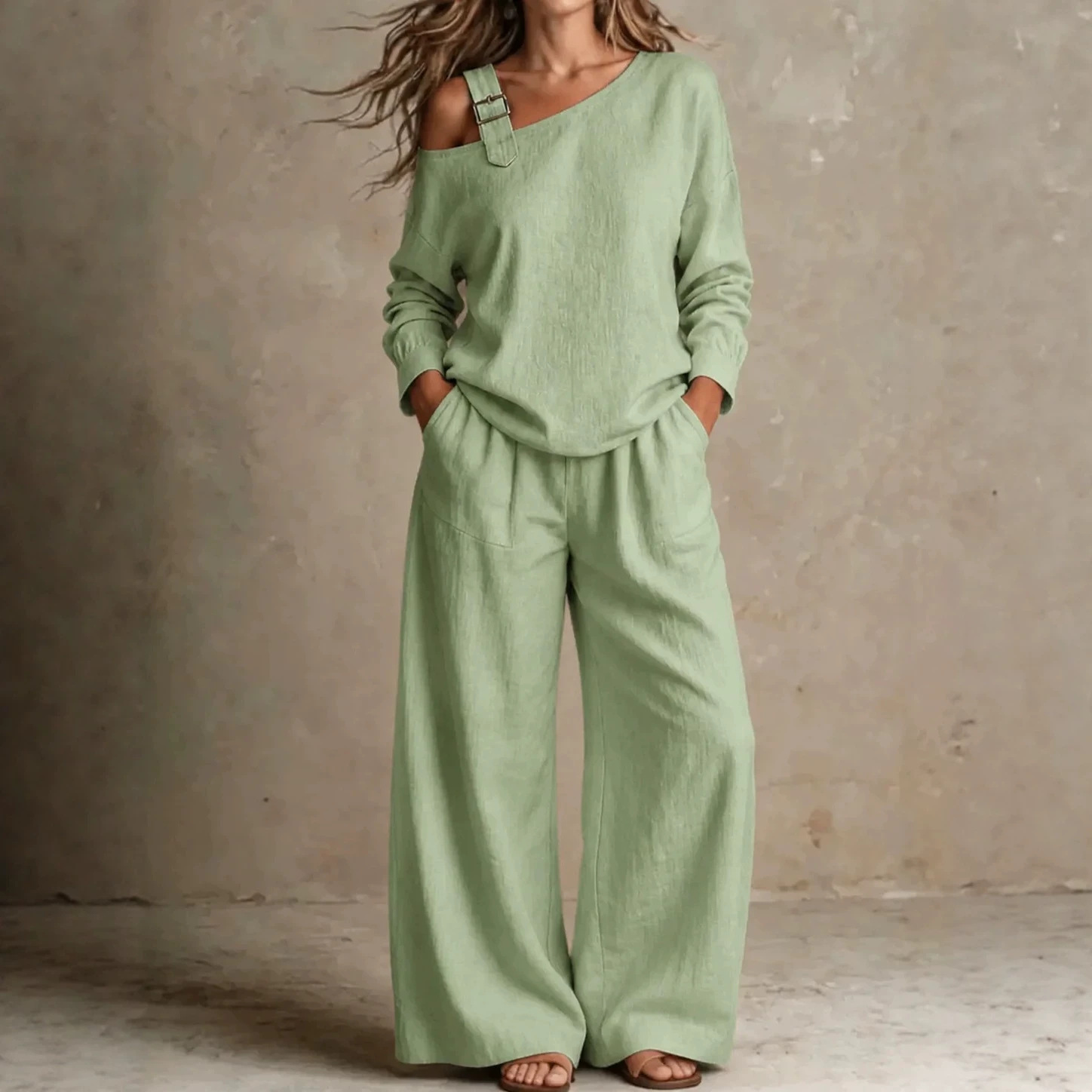 Women's Casual Loose One-Shoulder Linen-Blend Two-Piece Set