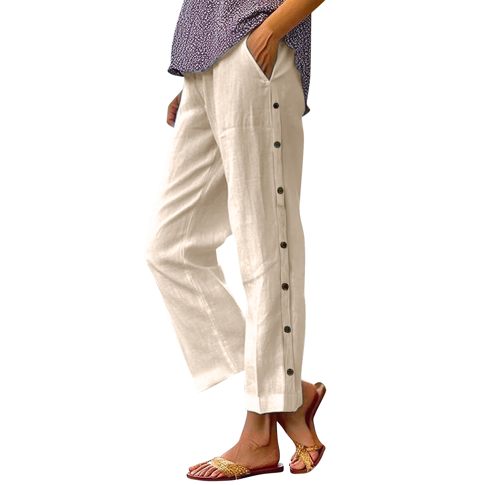 Women's Cotton-Linen Cropped Pants High Waist Loose Side Pocket