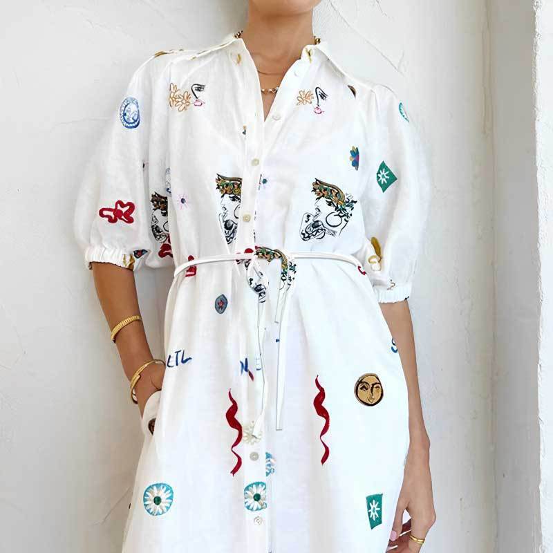 Women's Summer Floral Print Tie-Front Puff Sleeve Shirt Dress Long A-Line Dress