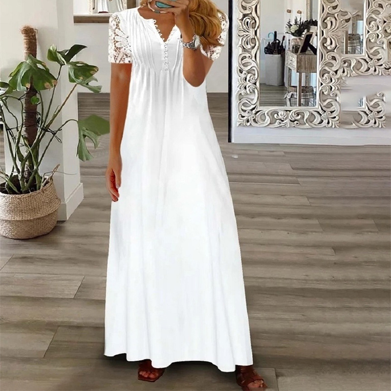 Floral Print Lace Short Sleeve Long A-Line Dress