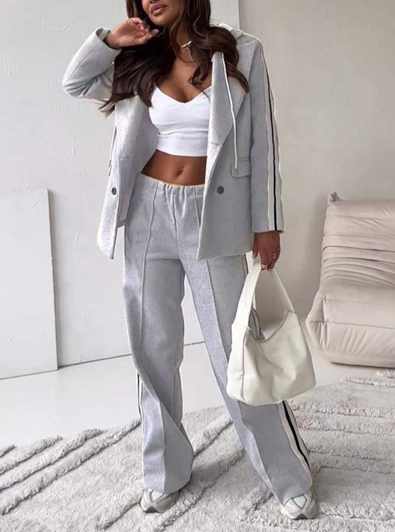 Ribbon Hooded Blazer & Wide-Leg Pants Two-Piece Set