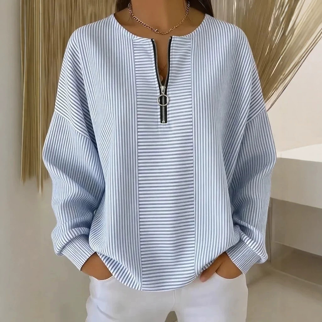 Women's Retro Striped Zip-Front Polo Top Casual Loose Fit