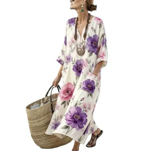 Women's Boho V-Neck A-Line Midi Dress with 3D Print