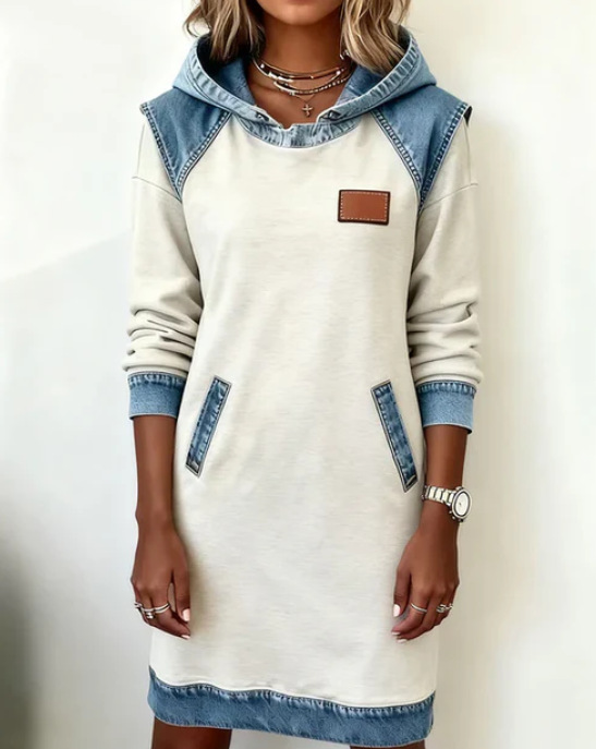 Hooded Faux Denim Patchwork Long Sleeve Sweatshirt Dress