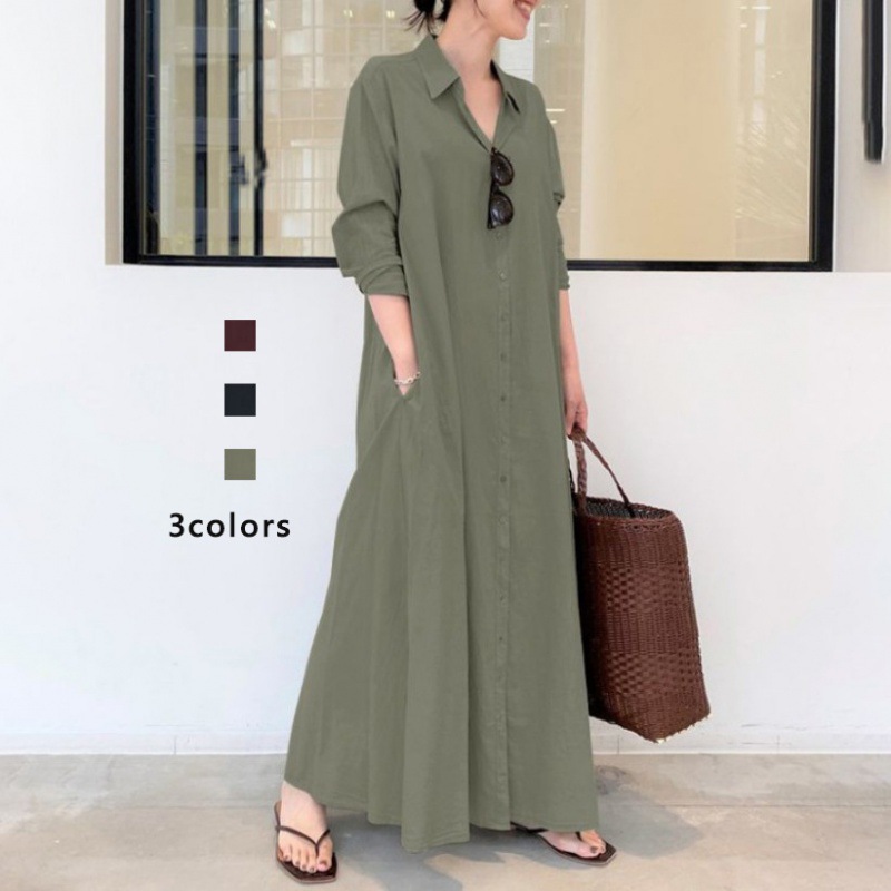 Solid Color Lapel Long Sleeve Pocketed Loose Long Shirt Dress