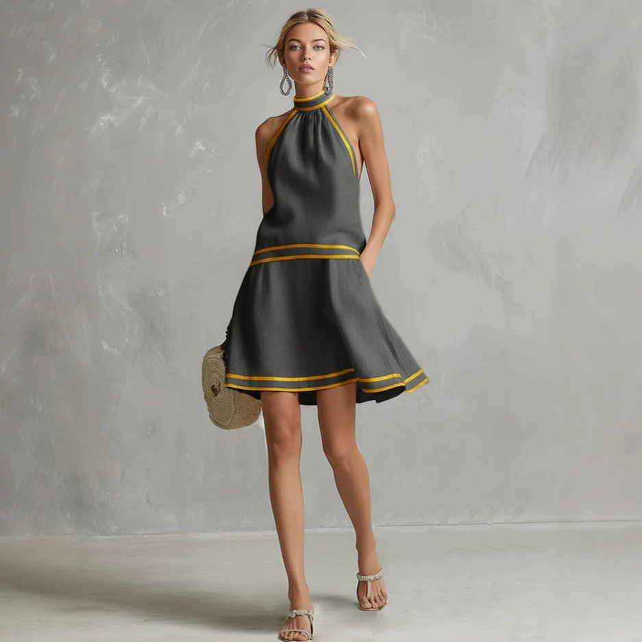 Striped Trim Halter Sleeveless A-Line Dress