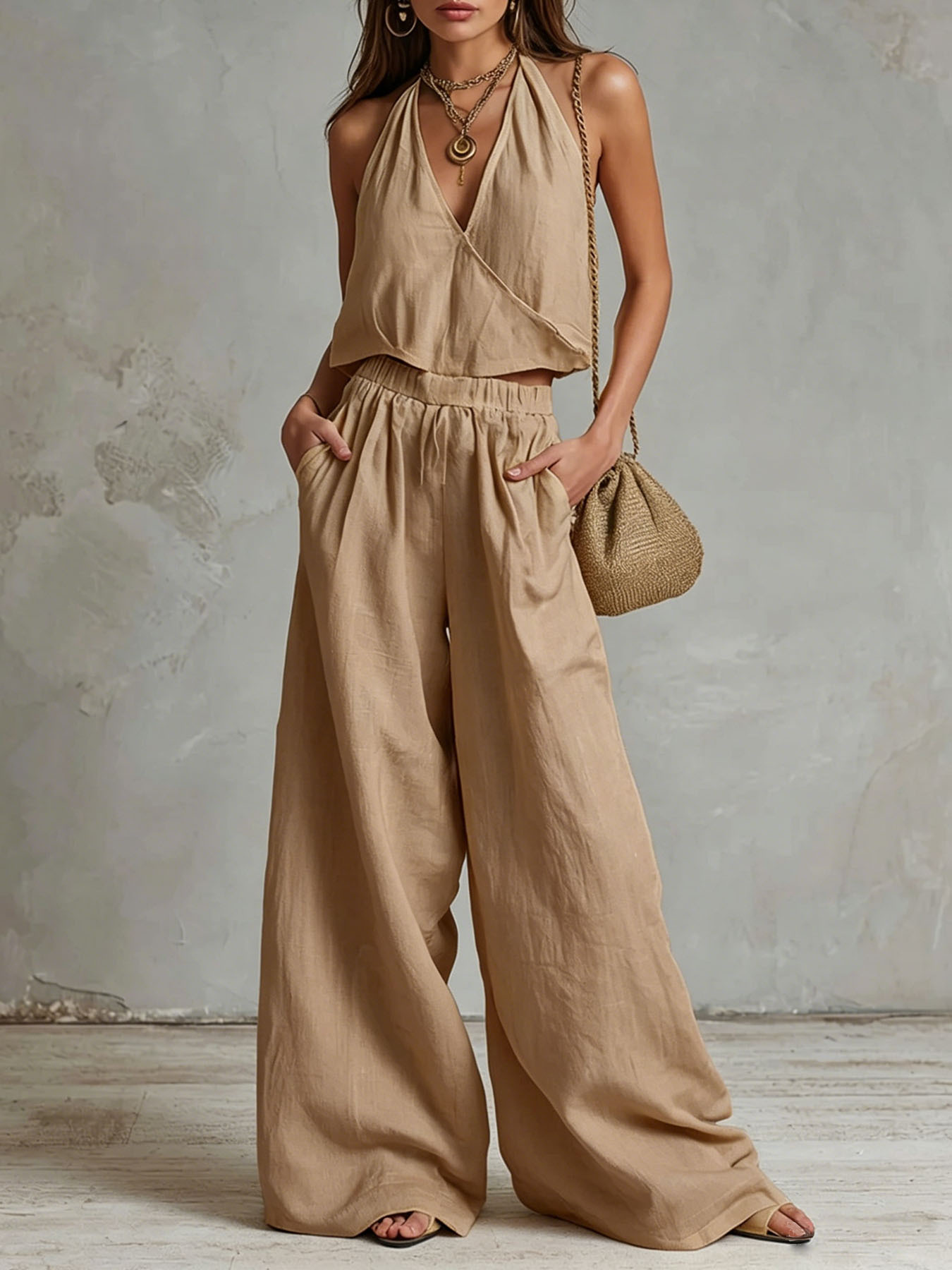 Women's Summer Bohemian Cotton-Linen Tank Top and Pants Two-Piece Set
