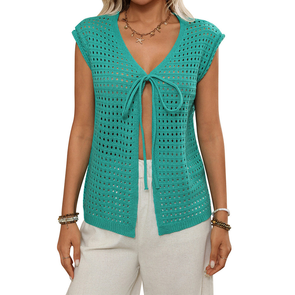 Women's Open Knit Short Sleeve Cardigan Tie-Front Hollow Out Cover-Up