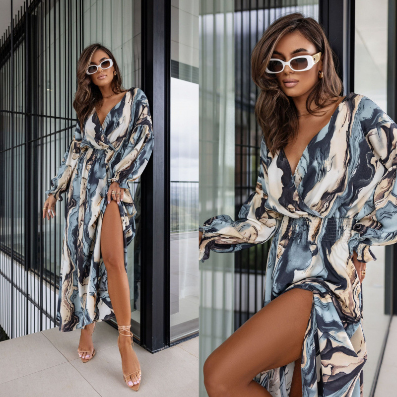 V-Neck Painted Print Ruched Slit Long Sleeve Dress