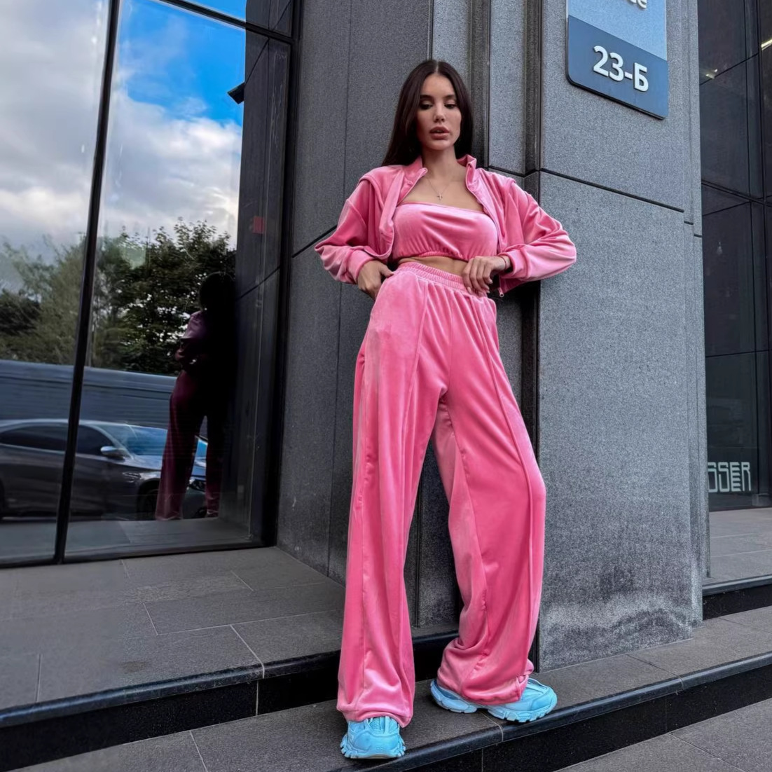 Women's Solid Velvet Stand-Collar Long-Sleeve Three-Piece Pants Set