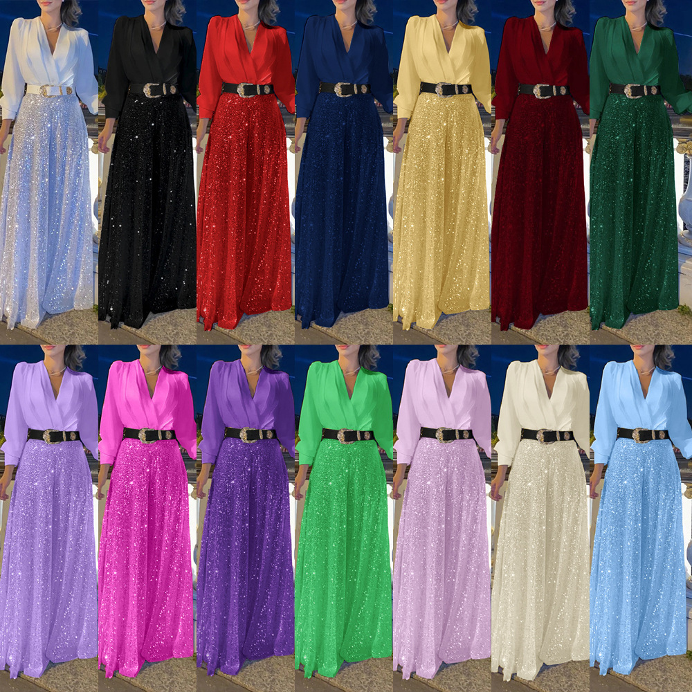 V-Neck Long Sleeve Sequin Shirt Dress with Belt