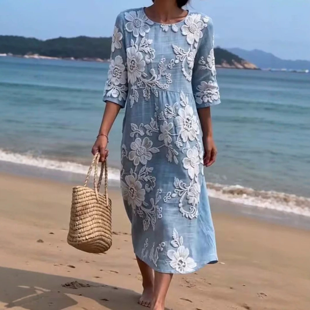 Women's Vintage Floral Print Pleated Midi Dress