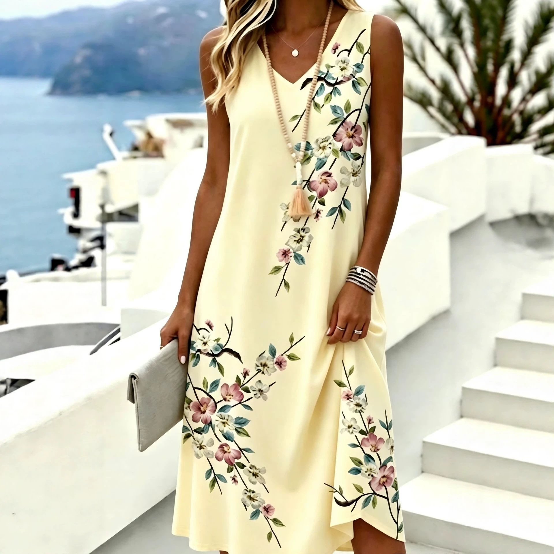 Women's Floral Print Deep V-Neck Bodycon Midi Dress Sleeveless Casual