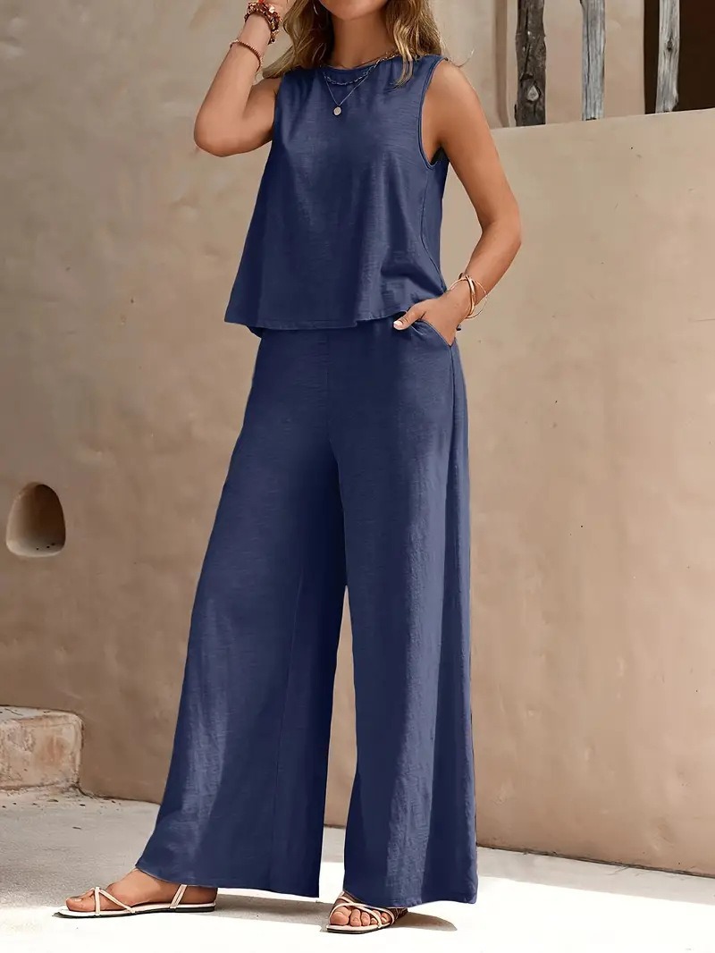Two-Piece Sleeveless Crewneck Tank Top and Wide-Leg Pants Set Solid Color