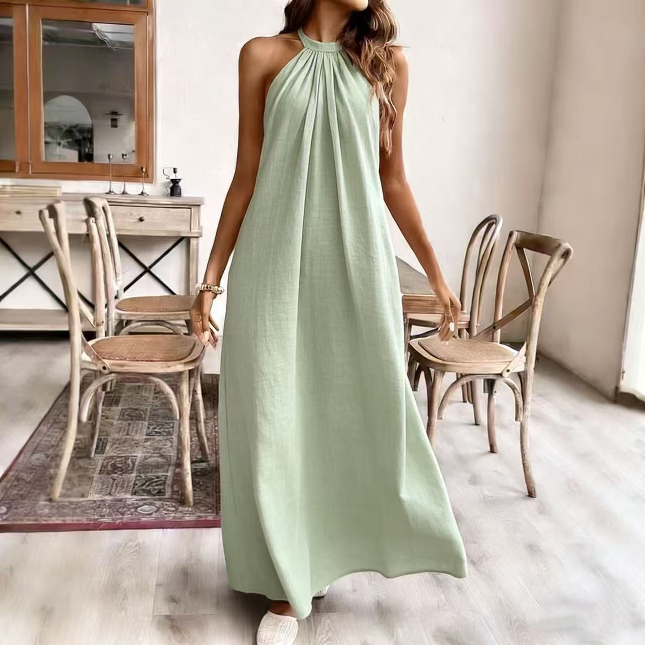 Solid Color Loose Halter Neck Summer Dress Casual Vacation A-Line Midi Dress
